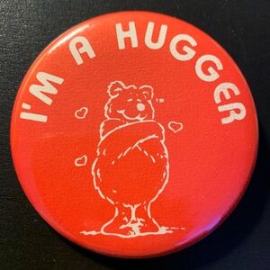 I'm A Hugger vintage pinback button red bear hearts Valentine's Day Affection